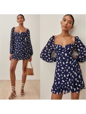 Reformation Cammie Navy Polka Dot Mini Dress Puff Sleeve Ruffle Hem Size 4